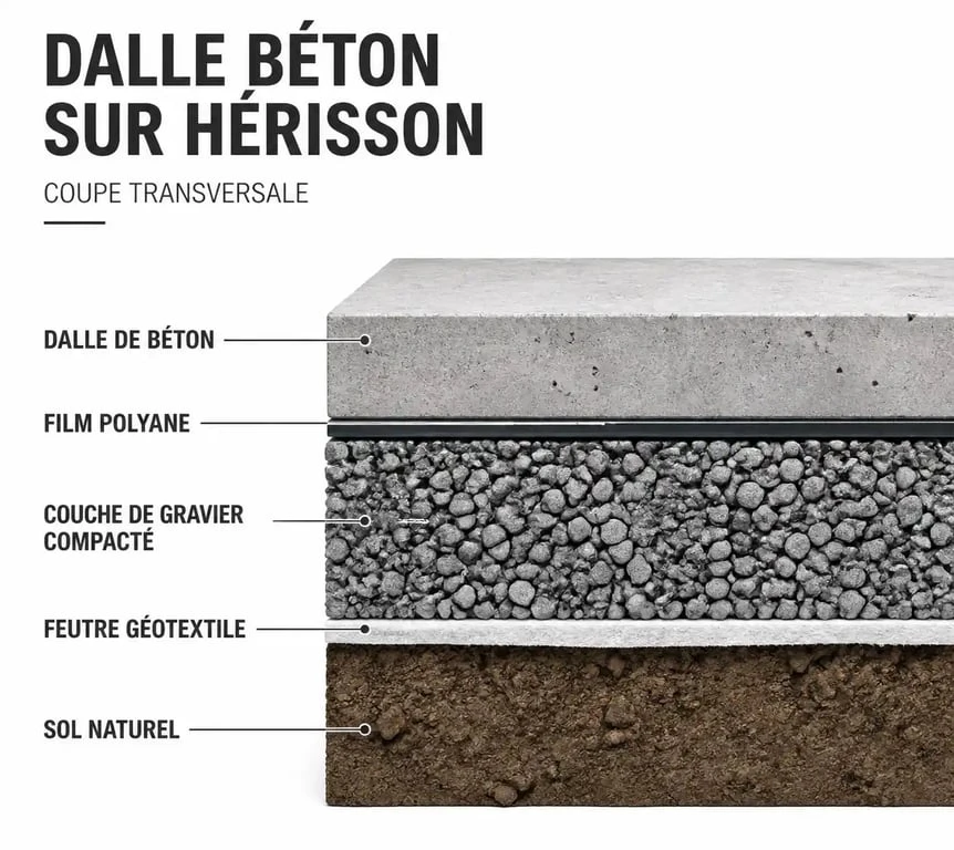 Schéma en coupe montrant la structure d'un hérisson sous dalle béton avec gravier, géotextile et polyane