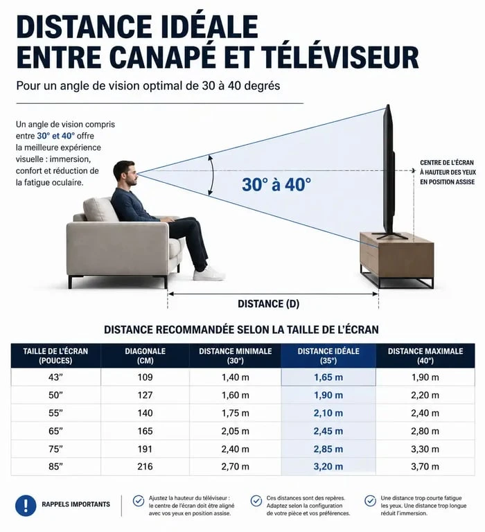 Schéma illustrant la distance idéale entre la télévision et le canapé pour un confort visuel optimal
