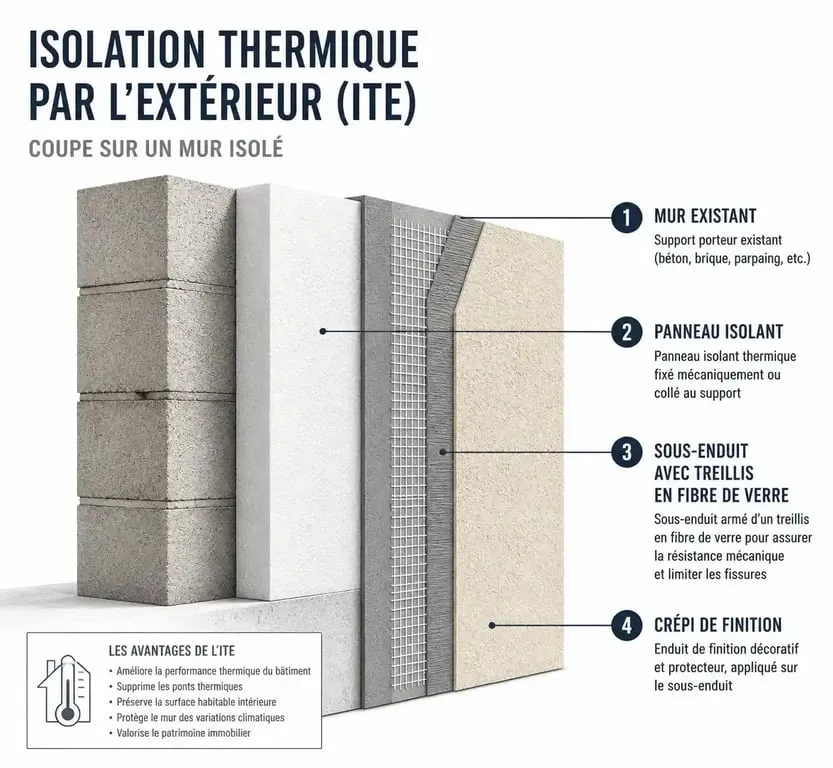 Schéma en coupe d'un système de crépi isolant pour façade