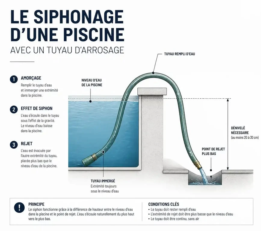 Schéma explicatif du principe de siphonage pour vider une piscine avec un tuyau
