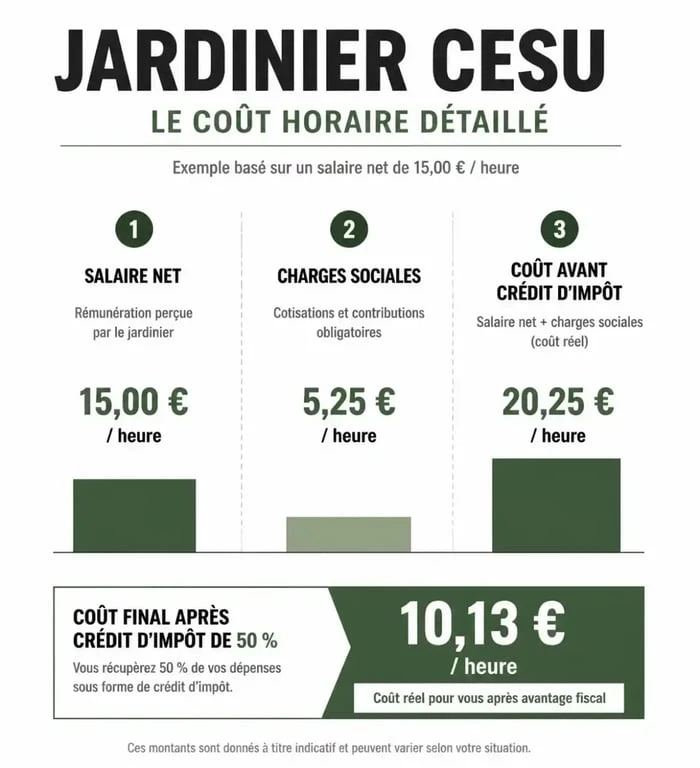 Infographie des tarifs d'un jardinier CESU et avantages fiscaux