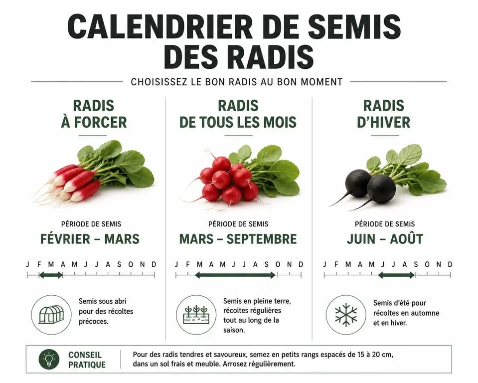 Calendrier de semis des radis : périodes idéales pour semer les radis de printemps, d'été et d'hiver