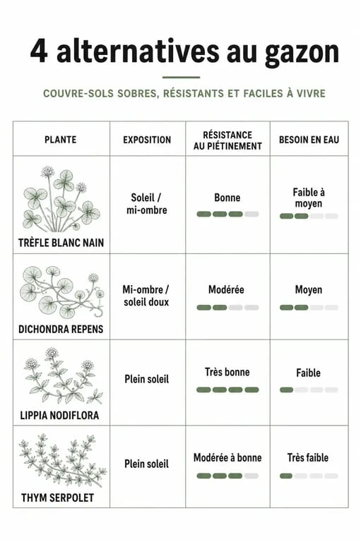 Tableau comparatif des plantes alternatives au gazon pour remplacer la pelouse traditionnelle