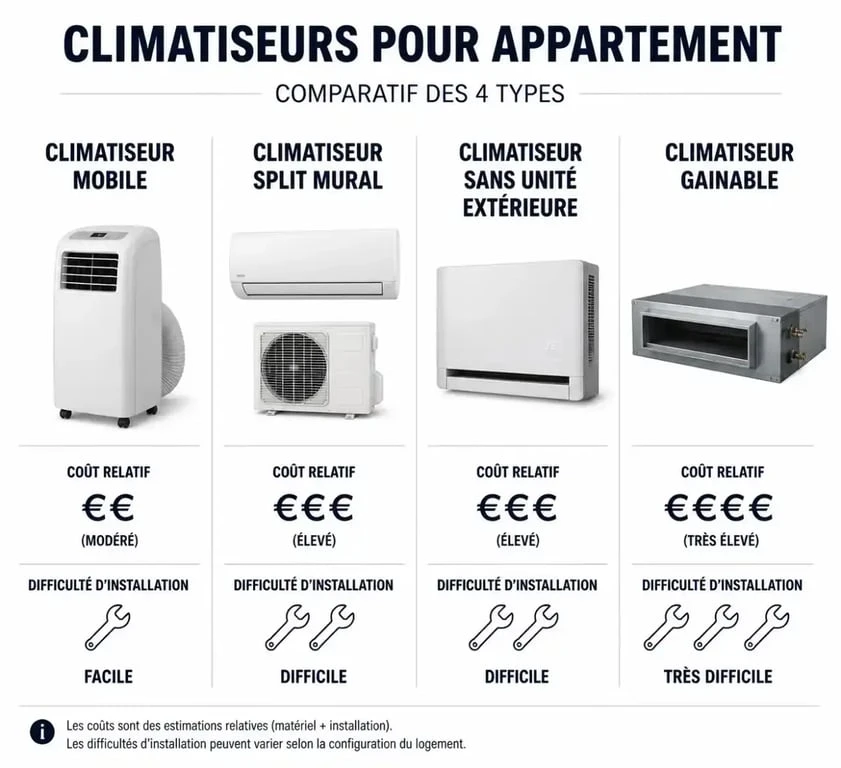 Comparatif des solutions pour climatiser un appartement : mobile, split, sans unité extérieure et gainable