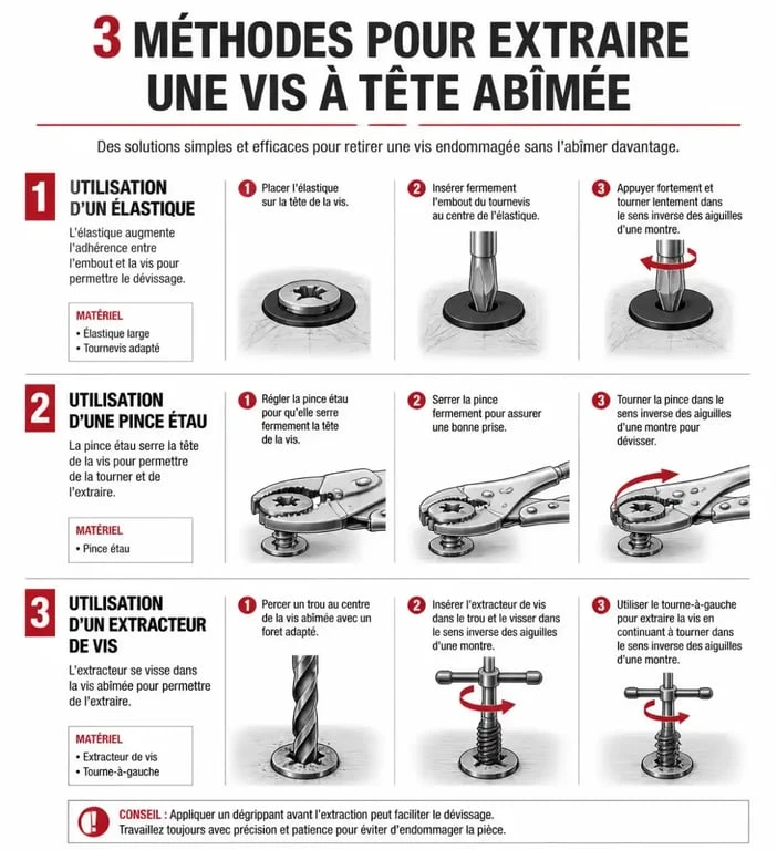Méthodes pour réparer un pas de vis foiré et extraire une vis abîmée