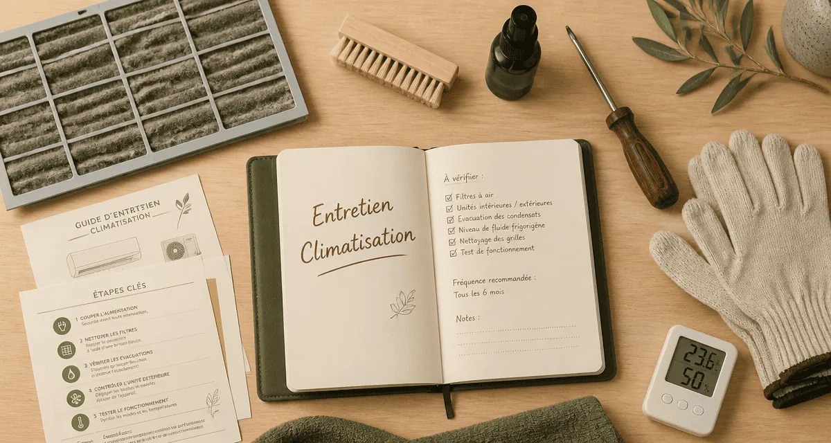 entretien climatiseur flat lay outils carnet