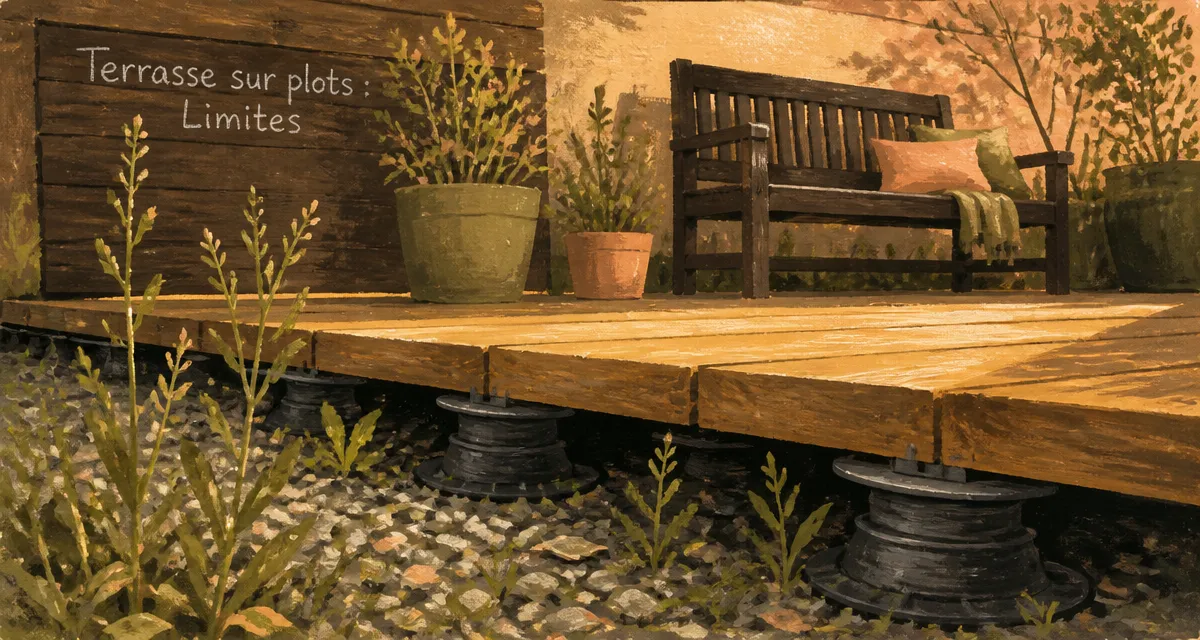 inconvénient terrasse sur plot, vue structure et mauvaises herbes