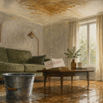 infiltration d'eau plafond avec tache et seau