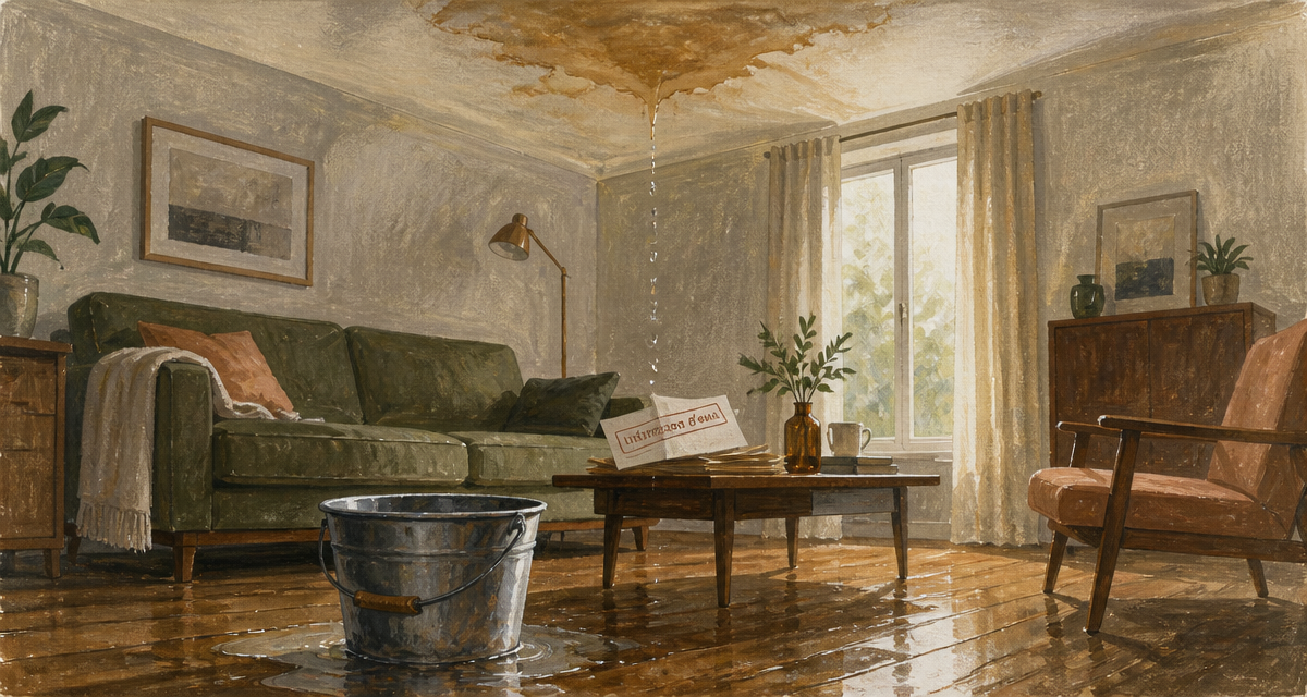 infiltration d'eau plafond avec tache et seau