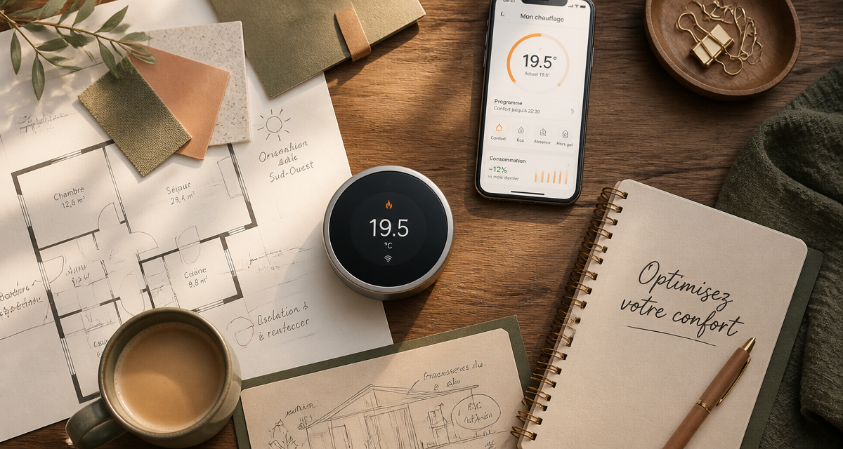 Meilleur thermostat connecté sur table en bois avec plans et appli