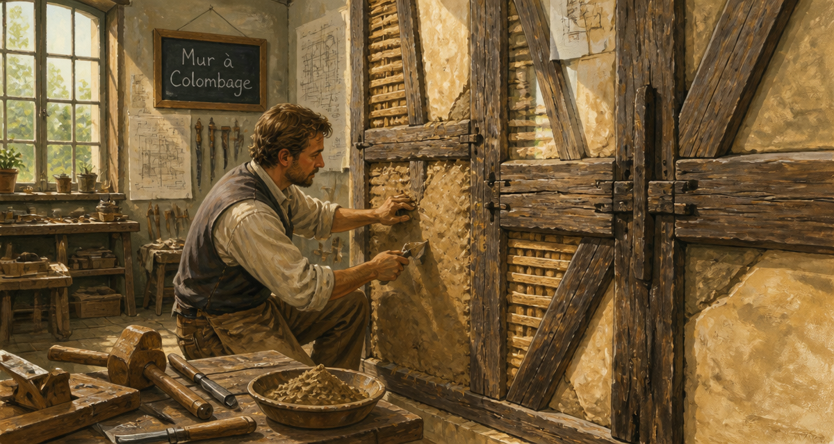 artisan rénovant mur colombage en atelier