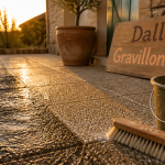 nettoyer des dalles gravillonnées noircies avec brosse et seau