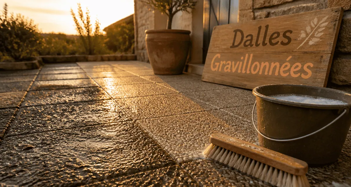 nettoyer des dalles gravillonnées noircies avec brosse et seau