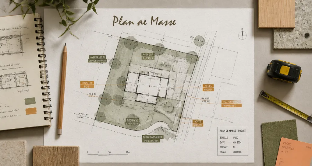 Plan masse sur bureau d’architecte avec outils