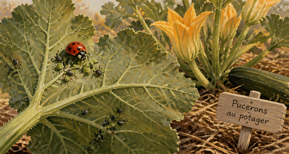puceron courgette sur feuille avec coccinelle