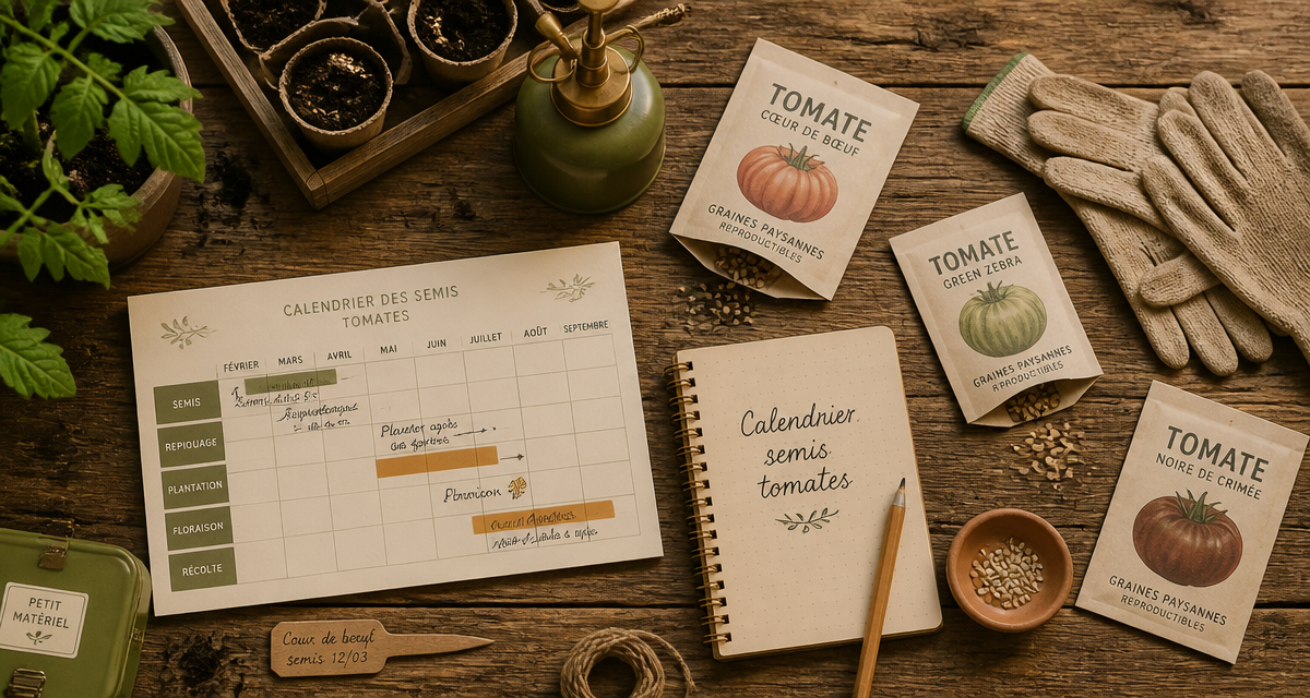 quand semer graines de tomates calendrier sur table de jardinage