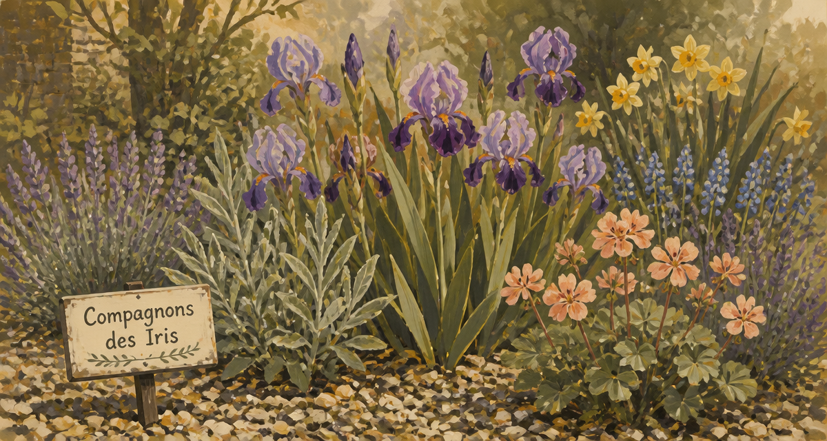Que mettre au pied des iris : lavande, géraniums et paillage minéral
