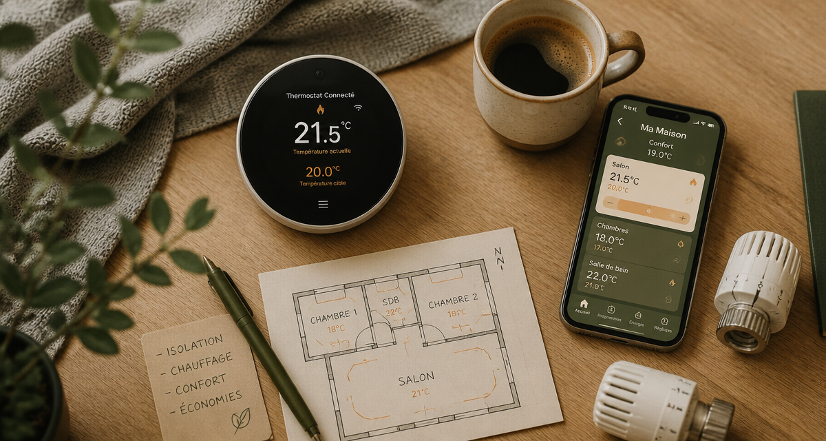 thermostat connecté radiateur sur table avec smartphone et plan