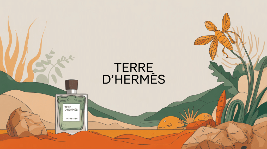 Illustration fragrance Terre d'Hermès ambiance boisée agrumes