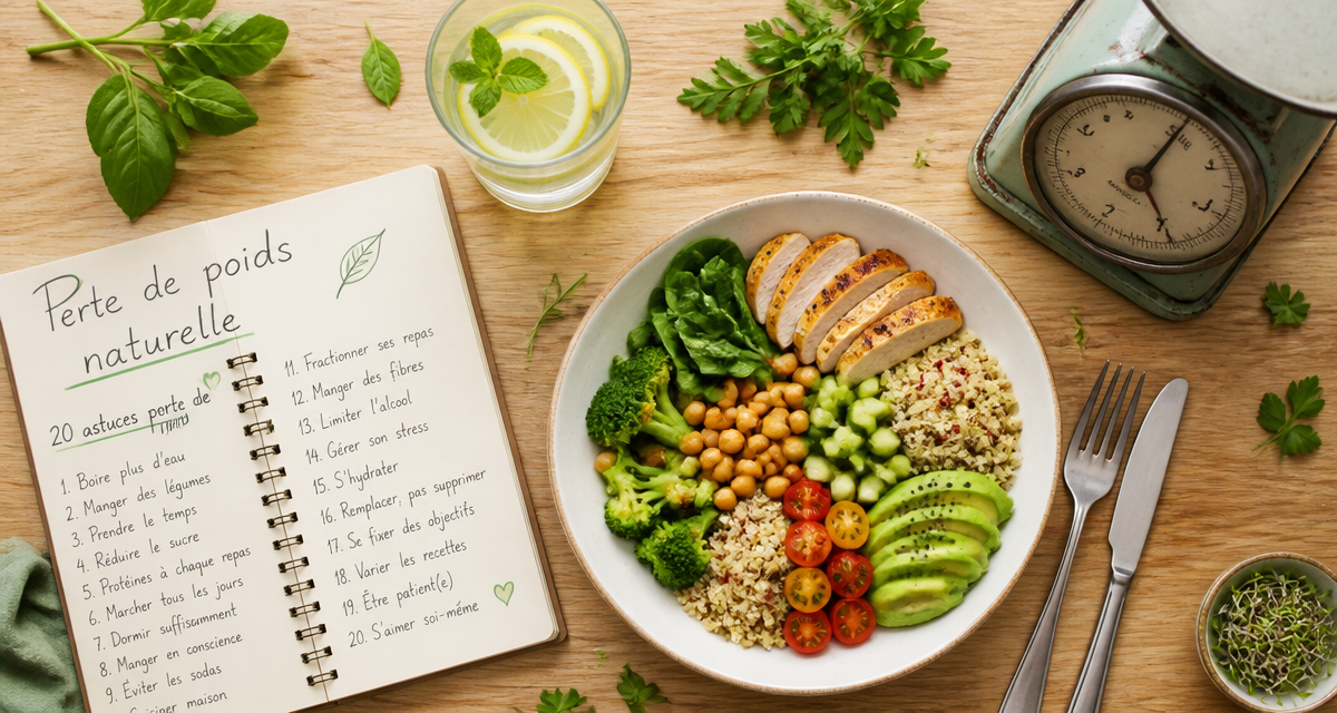 20 astuces pour maigrir sans regime, buddha bowl, balance, carnet