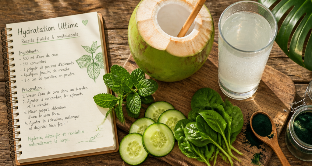 Bienfait de l eau de coco en verre et noix fraîche