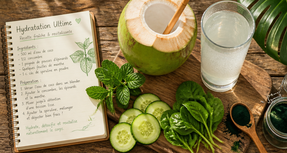 Bienfait de l eau de coco en verre et noix fraîche