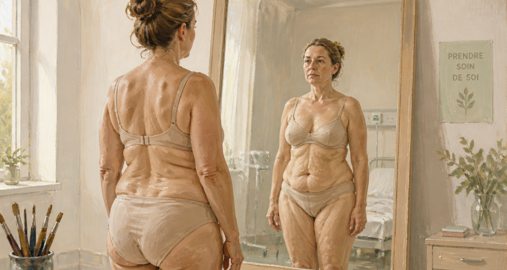 Bypass avant après peau excès de peau femme miroir