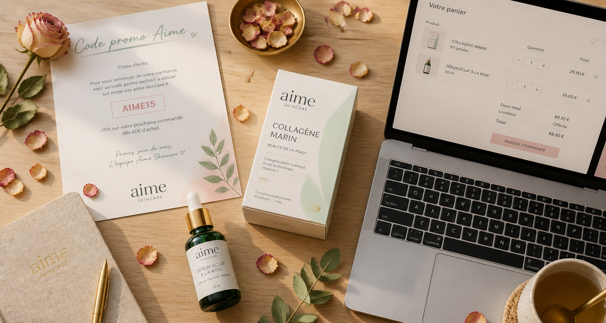 code promo aime flat lay boîte compléments et sérum