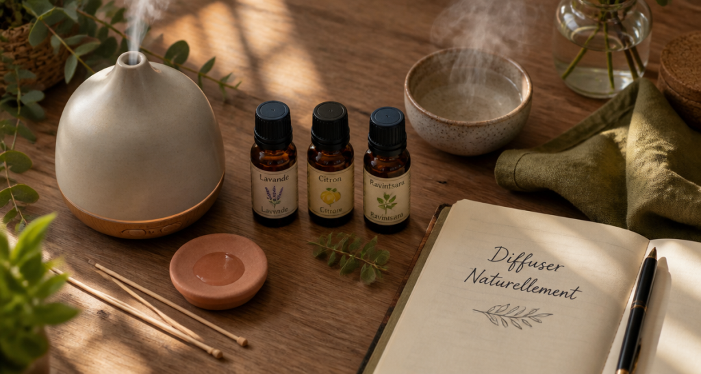 comment diffuser huile essentielle objets naturels sur table