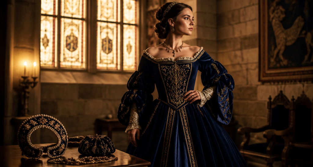 Costume femme renaissance velours bleu devant fenêtre