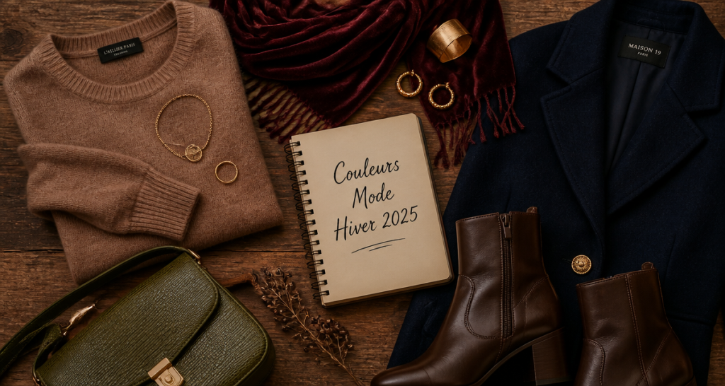 Couleurs mode hiver 2025 vêtements terreux flat lay