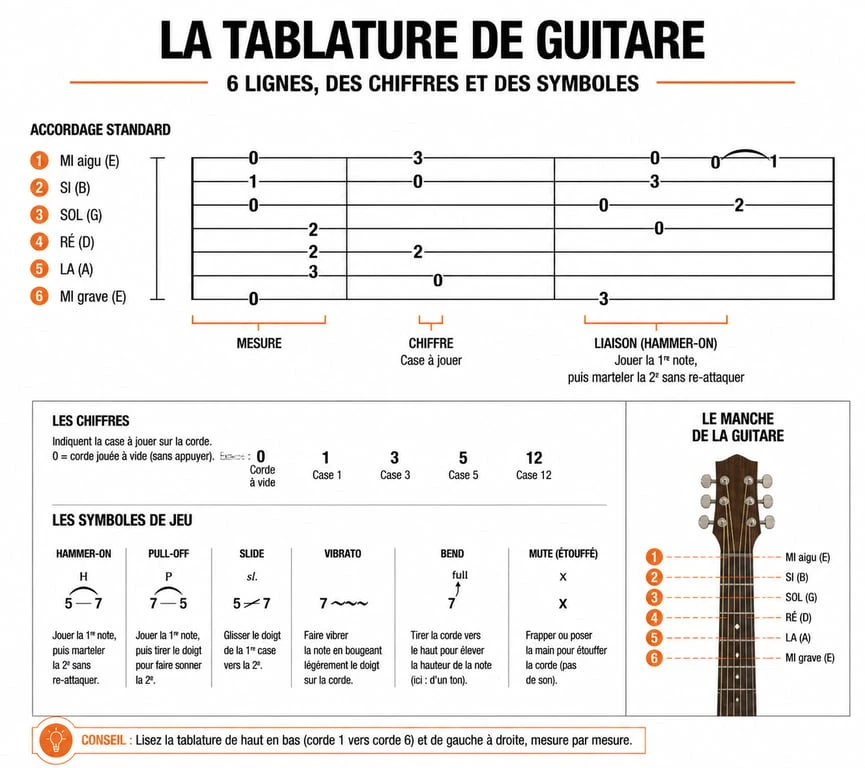 Schéma explicatif pour apprendre à lire une tablature guitare