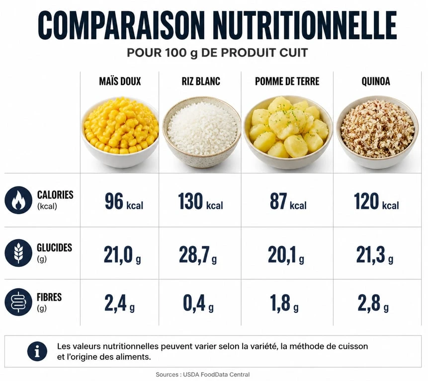 Infographie comparative des apports nutritionnels : maïs doux vs riz, pomme de terre et quinoa pour comprendre si le maïs fait grossir.