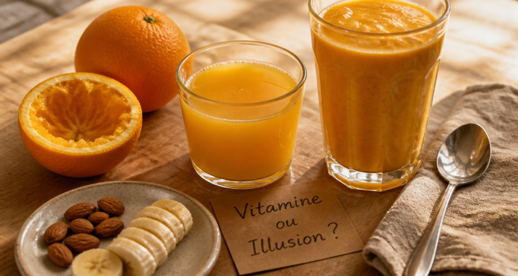 Petit déjeuner sain avec jus d orange le matin, fruits et amandes
