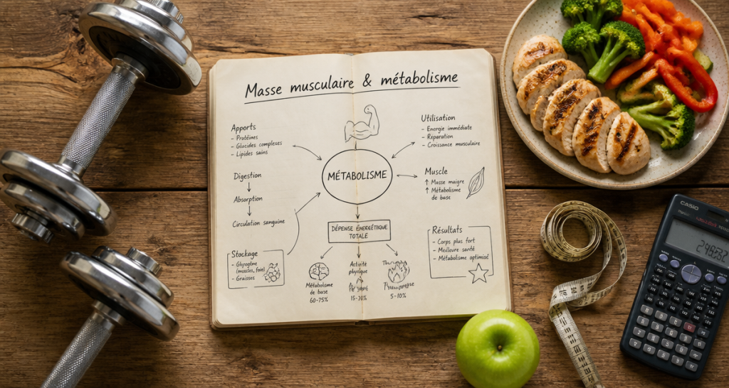 Vue flat-lay métabolisme et musculation carnet haltères