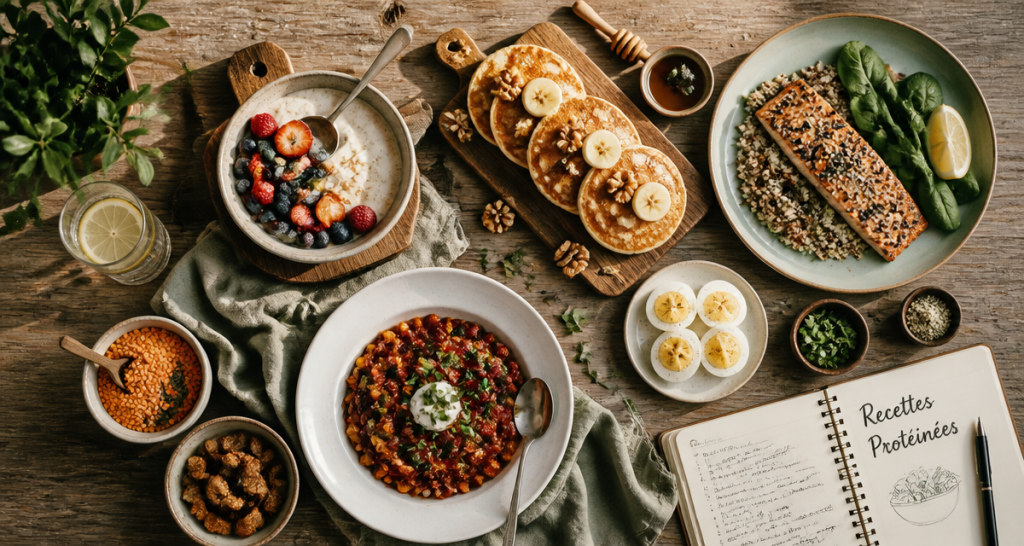 recette riche en proteine musculation, assiettes variées sur table