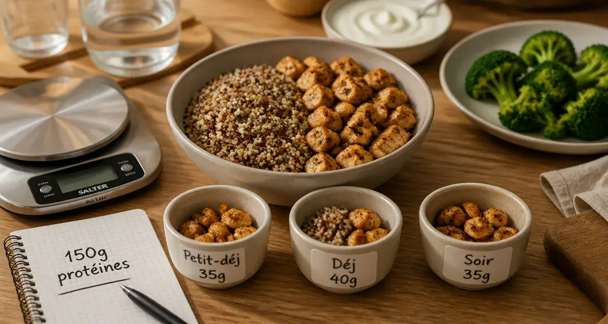 Comment manger 150 g de protéine par jour : répartition petit-déj, déj, soir et mesure 150 g