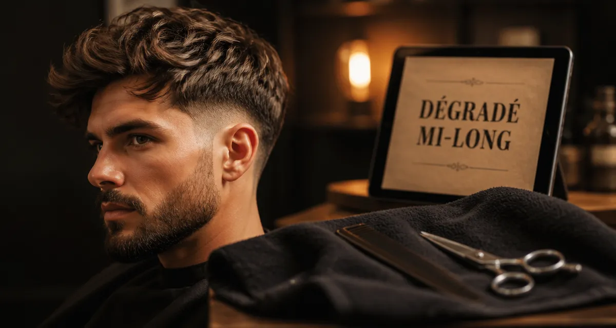 Dégradé mi long homme : gros plan ciseaux et cheveux mi-longs, dégradé progressif