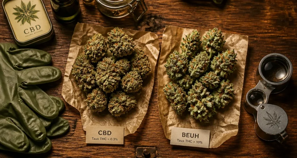 Différence cbd et beuh visuellement : fleurs CBD mates vs beuh brillantes