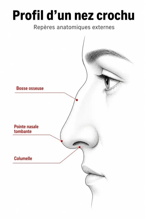 Schéma anatomique expliquant les caractéristiques d'un nez crochu chez la femme