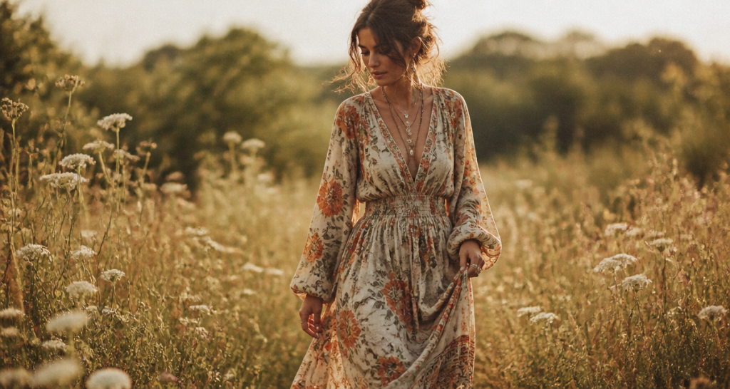 longue robe hippie champ fleurs