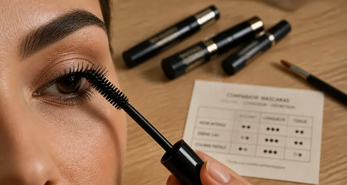 Quel mascara choisir : mascara noir sur cils recourbés, gros plan brosse