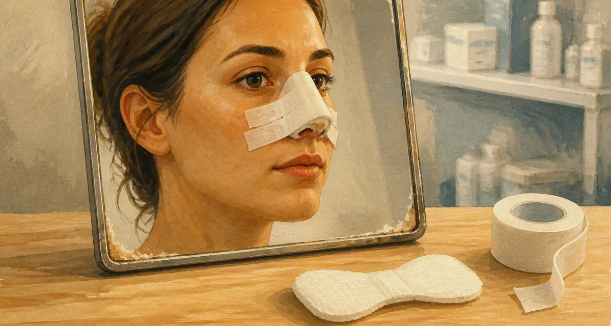 Rhinoplastie pansement : attelle et bandes blanches après la chirurgie