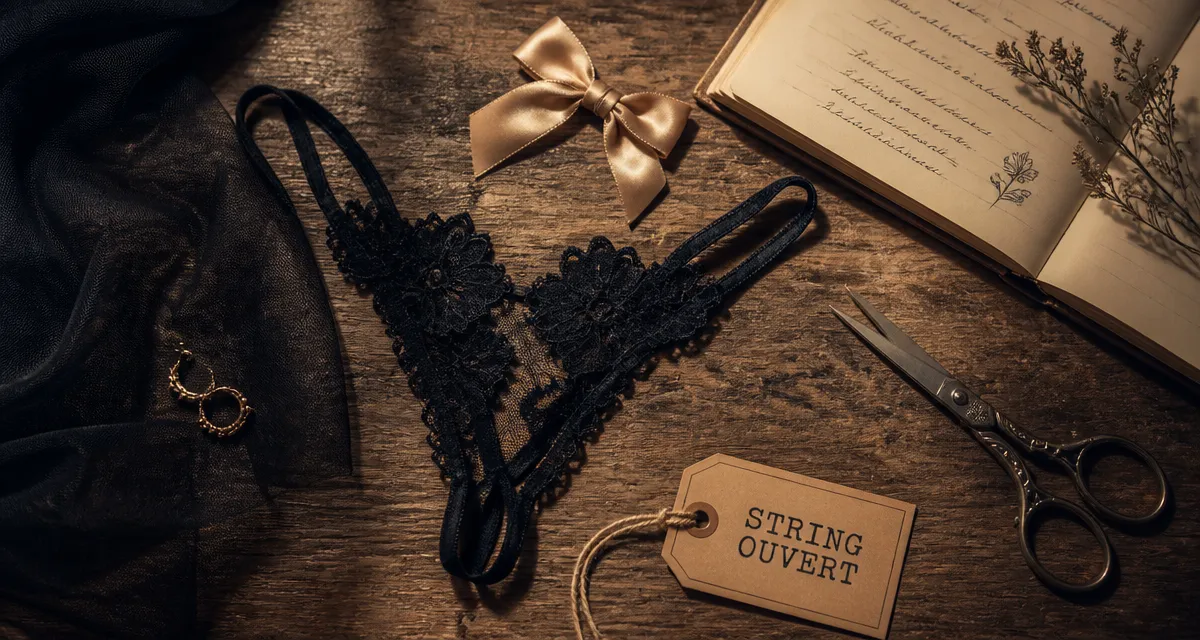 String ouvert en dentelle noire sur table en bois