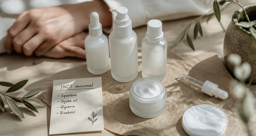 Typology avis dermatologue : flacons sérum et crème, peau en arrière-plan flou