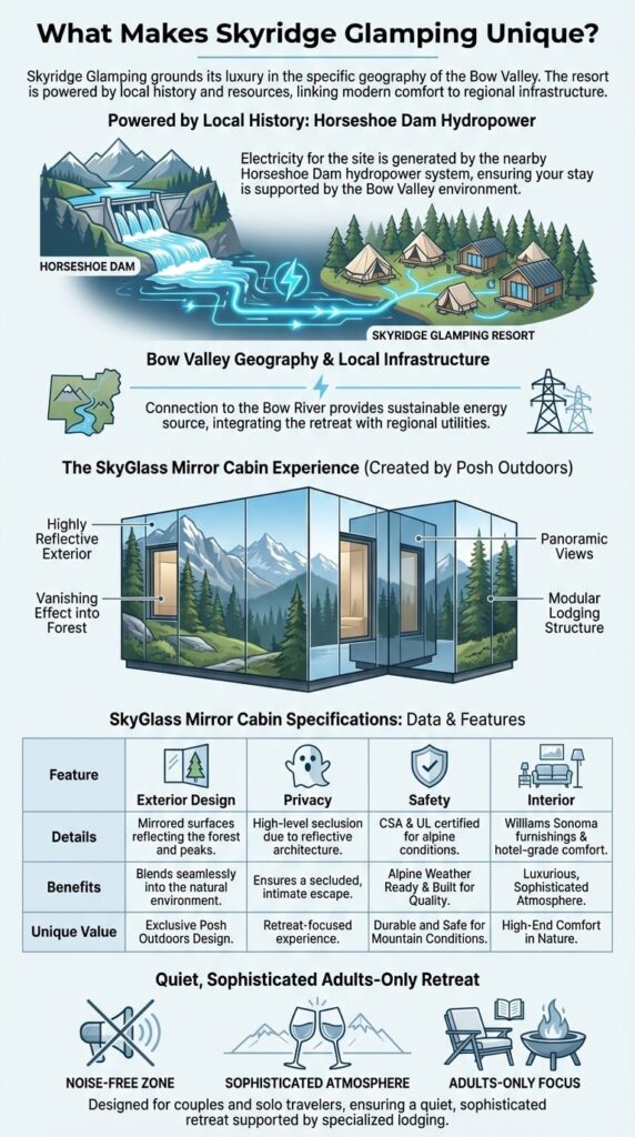 Eco-friendly glamping cabins with mountain views in Bow Valley, featuring reflective exteriors, panoramic sights, and modular structures for luxurious, safe, and retreat-focused experiences in nature.