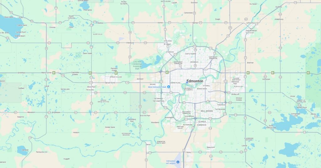 Detailed map of Edmonton, Alberta, showing streets, highways, and surrounding lakes.