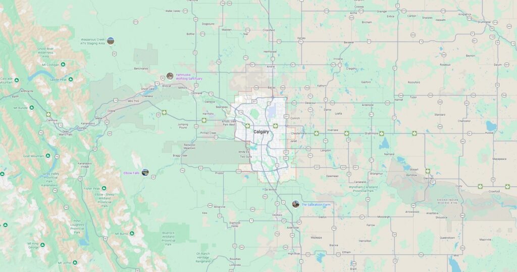 Detailed map of Calgary, Alberta, highlighting city boundaries, major roads, and nearby regions.