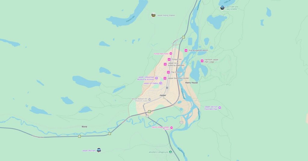 Detailed city map highlighting key landmarks, streets, and waterways in the downtown area for navigation and urban planning.
