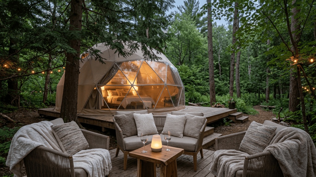 Elegant glamping dome with warm lighting surrounded by tall trees in a forest, outdoor seating area with cozy cushions and a small table with a candle.